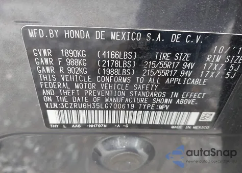 2020 Honda Hr-V Awd Lx из США, поврежденный, VIN 3CZRU6H35LG700619